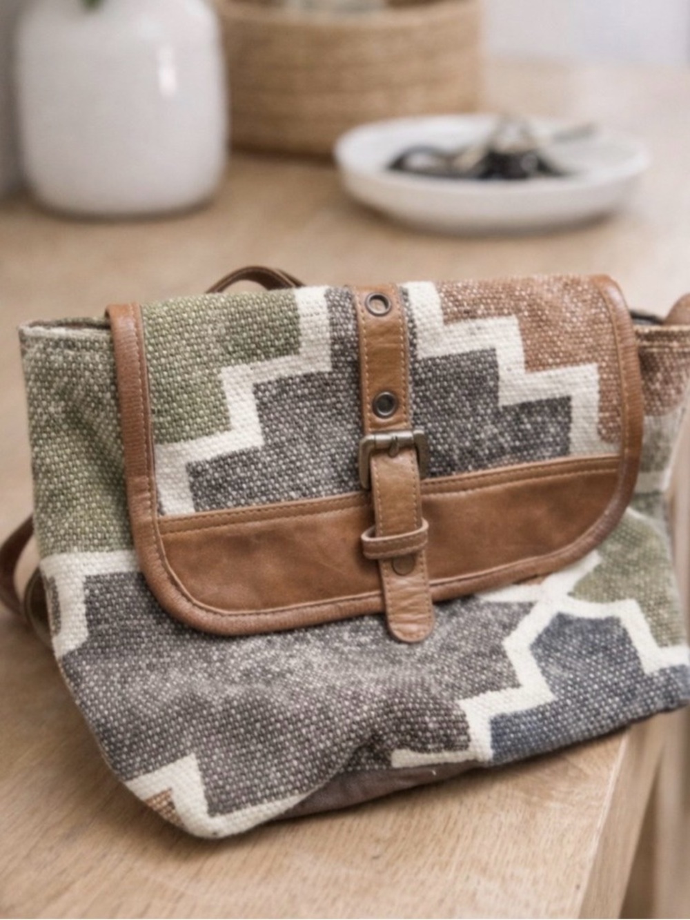 Canvas & Leather Zigzag Crossbody Bag in Olive, Gray, Tan
